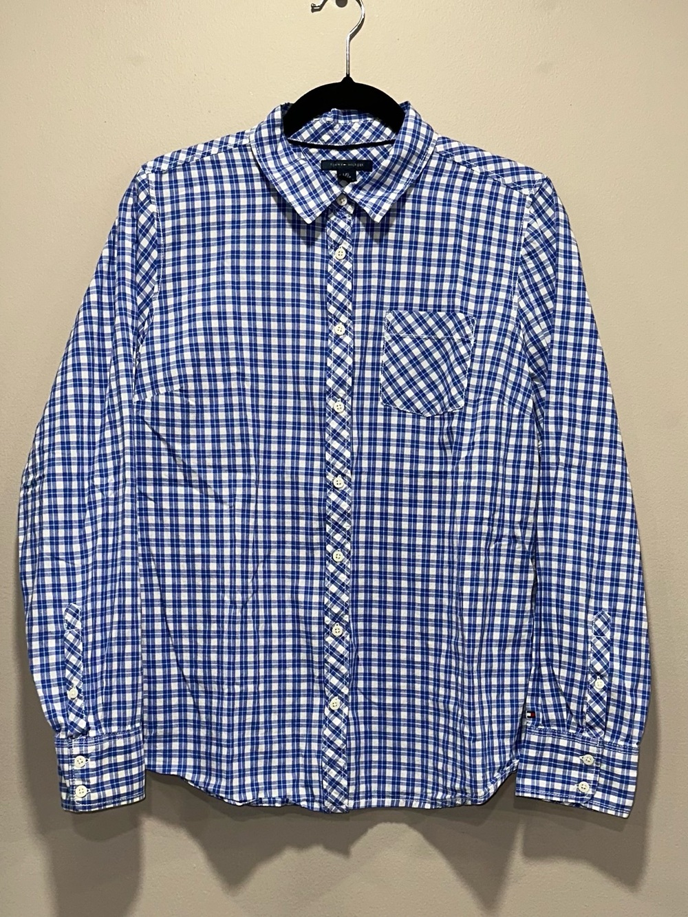 Tommy Hilfiger Blue Gingham Plaid Button Down Blouse Like New Large